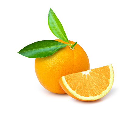 orange fruit with green leaf isolated on white background.