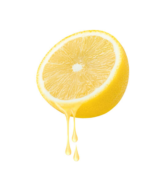 istock Fresh slice of lemon with juice dripping isolated on white 1346462714