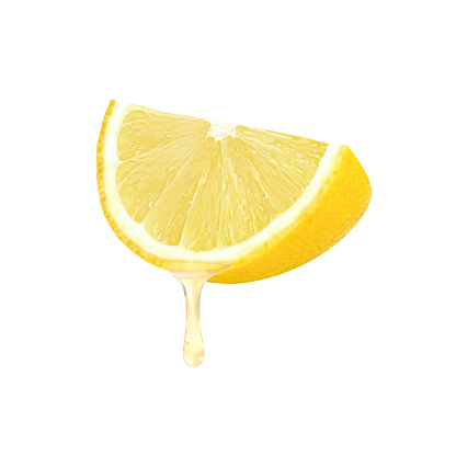 Fresh slice of lemon with juice dripping isolated on white background.