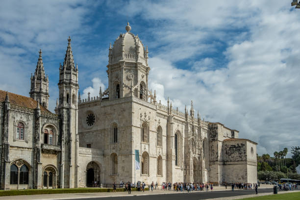 The Jerónimos Monastery in Lisbon The Jerónimos Monastery is a Portuguese monastery of the Order of St. Jerome, a monumental testimony to the wealth of Portuguese discoveries around the world. Like the Belém Tower, it is a significant example of the Manueline style. monastery stock pictures, royalty-free photos & images