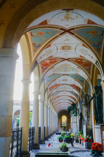 Prague Czech Republic - August 31 2017; Neo-renaisance architectural style portico around Vysehrad cemetery