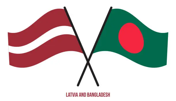 Vector illustration of Latvia and Bangladesh Flags Crossed And Waving Flat Style. Official Proportion. Correct Colors.
