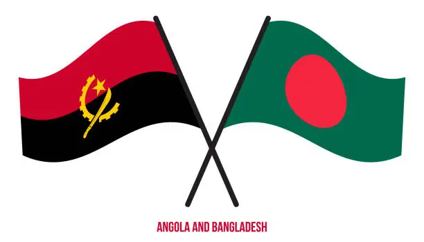 Vector illustration of Angola and Bangladesh Flags Crossed And Waving Flat Style. Official Proportion. Correct Colors.