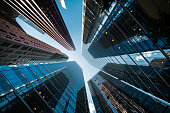 istock Business and Finance, Looking Up at Futuristic Skyscrapers in the Financial Center of a Modern Metropolis 1346464945