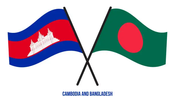 Vector illustration of Cambodia and Bangladesh Flags Crossed And Waving Flat Style. Official Proportion. Correct Colors.