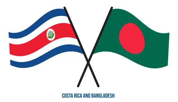 Vector illustration of Costa Rica and Bangladesh Flags Crossed And Waving Flat Style. Official Proportion. Correct Colors.