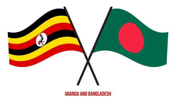 Vector illustration of Uganda and Bangladesh Flags Crossed And Waving Flat Style. Official Proportion. Correct Colors.