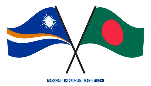 Vector illustration of Marshall Islands and Bangladesh Flags Crossed & Waving Flat Style. Official Proportion