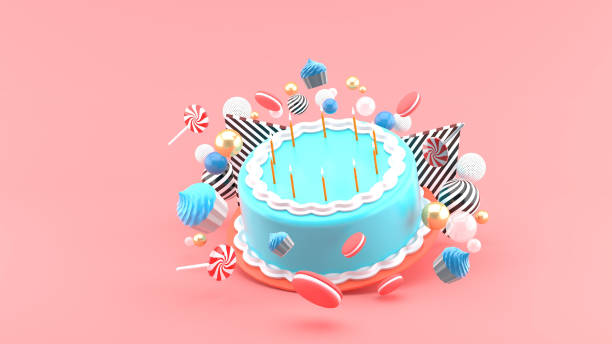 Cake among colorful balls on a pink background.-3d rendering.
