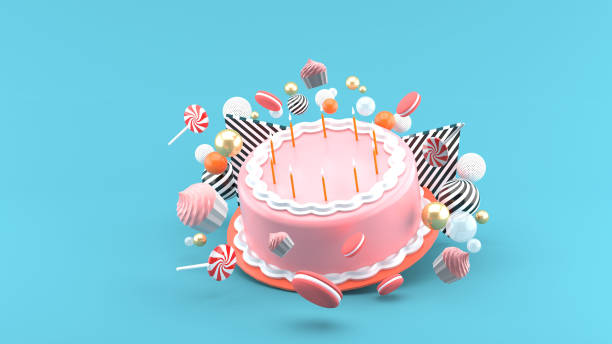 istock Cake among colorful balls on a blue background.-3d rendering. 1346466683