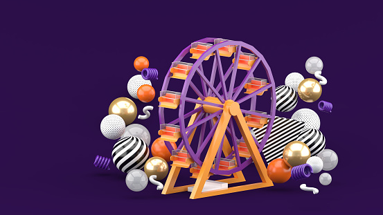 Ferris wheel among colorful balls on a purple background.-3d rendering.