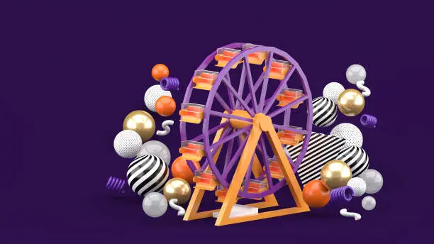 Photo of Ferris wheel among colorful balls on a purple background.-3d rendering.