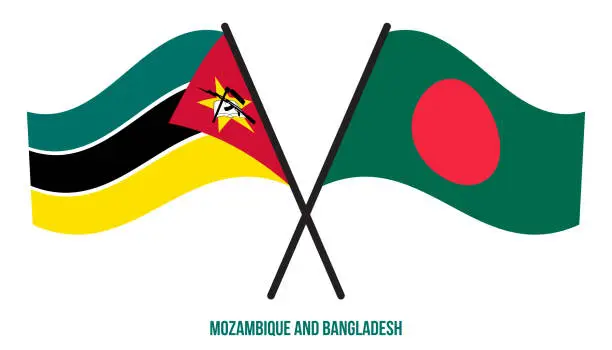 Vector illustration of Mozambique and Bangladesh Flags Crossed And Waving Flat Style. Official Proportion. Correct Colors.