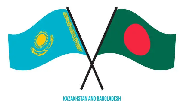 Vector illustration of Kazakhstan and Bangladesh Flags Crossed And Waving Flat Style. Official Proportion. Correct Colors.