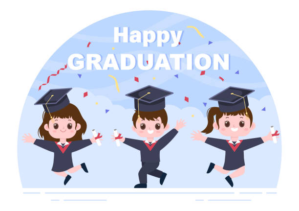 istock Happy Graduation Day of Students Celebrating Background Vector Illustration Wearing Academic Dress, Graduate Cap and Holding Diploma in Flat Style 1346467591