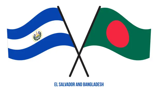 Vector illustration of El Salvador and Bangladesh Flags Crossed And Waving Flat Style. Official Proportion. Correct Colors.