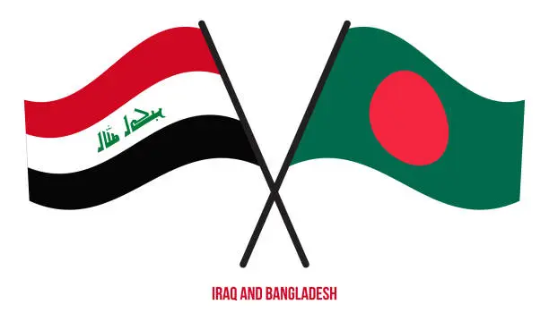 Vector illustration of Iraq and Bangladesh Flags Crossed And Waving Flat Style. Official Proportion. Correct Colors.