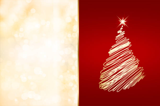 ilustraciones, imágenes clip art, dibujos animados e iconos de stock de fondos navideños divididos con una mitad como árbol creativo de navidad de color dorado compuesto por dibujos a mano garabateando sobre granate rojo vibrante y liso, la otra mitad luces brillantes en beige o cervatillo o marrón claro - christmas backgrounds christmas card part of