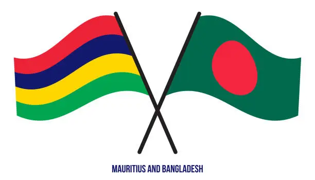 Vector illustration of Mauritius and Bangladesh Flags Crossed And Waving Flat Style. Official Proportion. Correct Colors.