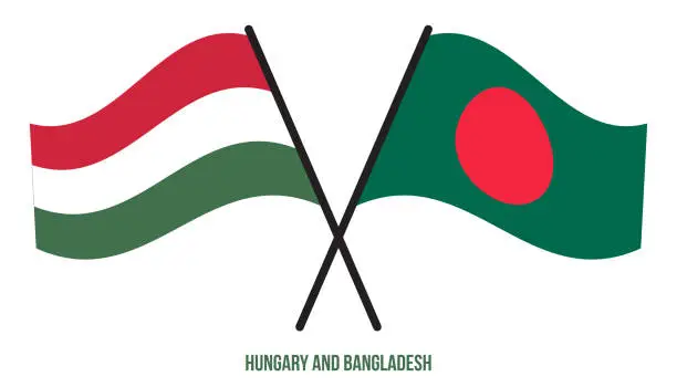 Vector illustration of Hungary and Bangladesh Flags Crossed And Waving Flat Style. Official Proportion. Correct Colors.
