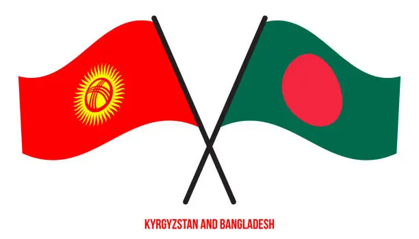 Vector illustration of Kyrgyzstan and Bangladesh Flags Crossed And Waving Flat Style. Official Proportion. Correct Colors.