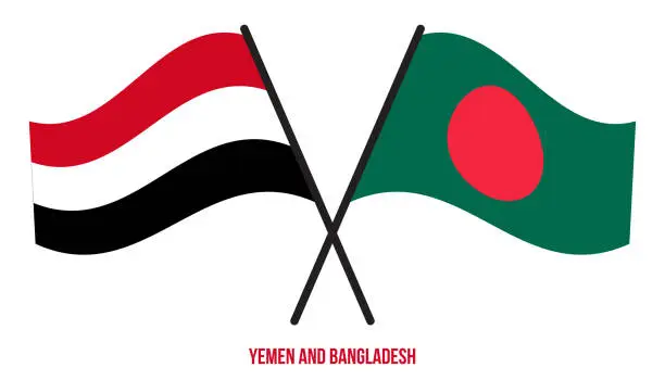 Vector illustration of Yemen and Bangladesh Flags Crossed And Waving Flat Style. Official Proportion. Correct Colors.