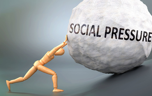 Social pressure and painful human condition, pictured as a wooden human figure pushing heavy weight to show how hard it can be to deal with Social pressure in human life, 3d illustration.