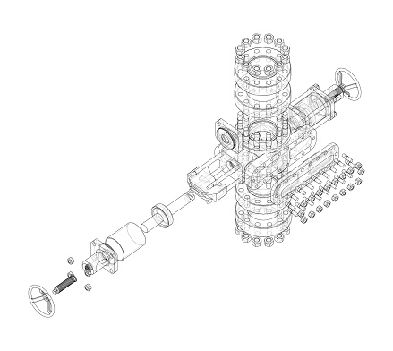 Blowout preventer. Vector rendering of 3d. Wire-frame style. The layers of visible and invisible lines are separated. Orthography