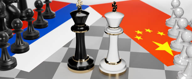 istock Russia and China conflict, clash, crisis and debate between those two countries that aims at a trade deal and dominance symbolized by a chess game with national flags, 3d illustration 1346474090