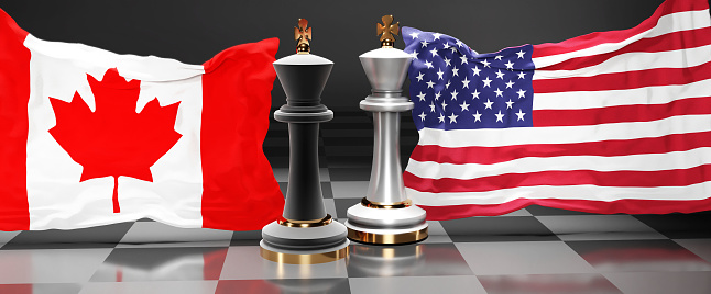 Canada USA summit, fight or a stand off between those two countries that aims at solving political issues, symbolized by a chess game with national flags, 3d illustration.