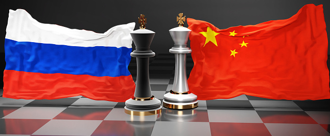 Russia China summit, fight or a stand off between those two countries that aims at solving political issues, symbolized by a chess game with national flags, 3d illustration.