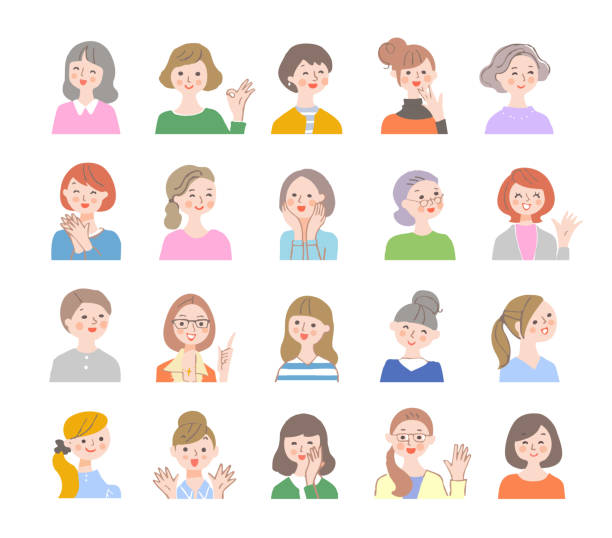 A set of various female facial expressions Face, facial expression, positive, icon, woman, upper body, elderly hands over face stock illustrations
