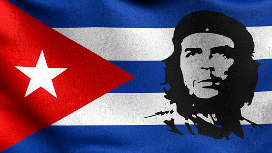 Che Guevara, Cuba flag blowing in the wind. 3D rendering illustration of waving sign