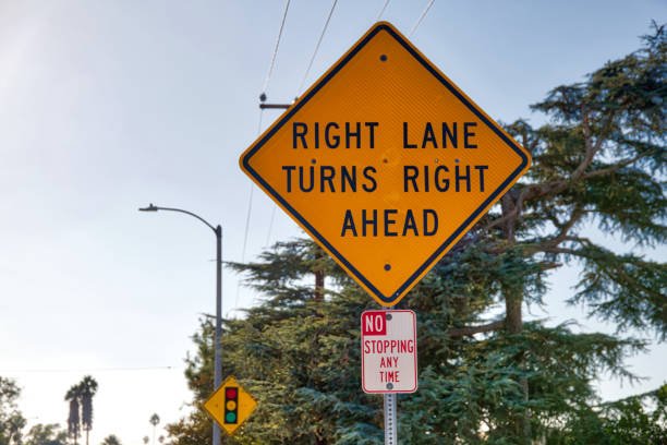 istock Right Lane Turns Right Ahead Sign 1346475981