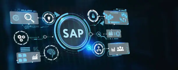 Photo of SAP System Software Automation concept on virtual screen data center. Business, modern technology, internet and networking concept. 3d illustration