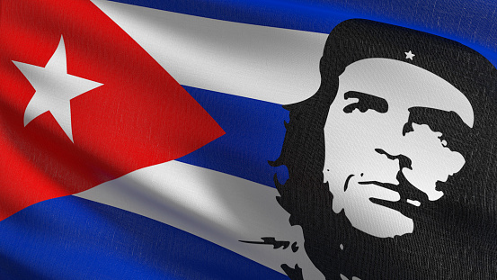 Che Guevara, Cuba flag blowing in the wind. 3D rendering illustration of waving sign