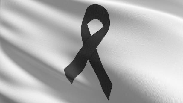 istock Black Mourning Ribbon, Rest in peace flag blowing in the wind. 3D rendering illustration of waving sign 1346476163
