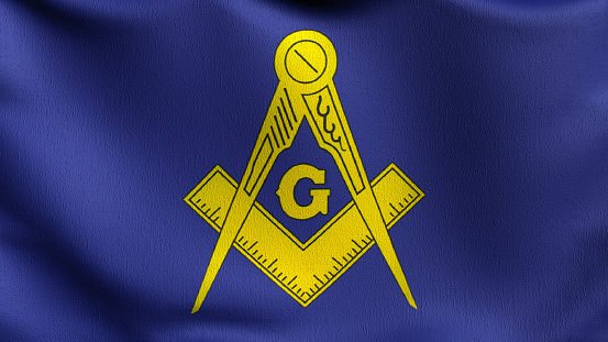 Blue Masonic flag blowing in the wind. 3D rendering illustration of waving sign