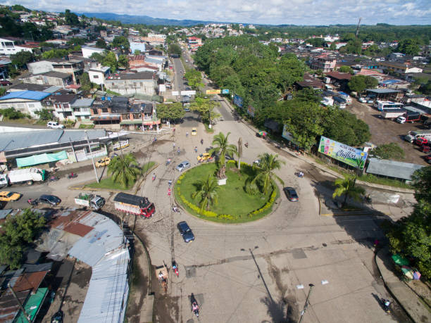 Los Colonos monument and roundabout in Florencia Caqueta, Colombia An aerial view of the Los Colonos monument and roundabout in Florencia Caqueta, Colombia. caqueta stock pictures, royalty-free photos & images