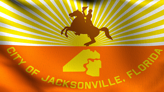 Jacksonville City flag blowing in the wind. 3D rendering illustration of waving sign