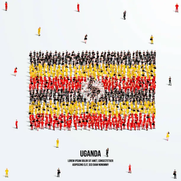 Vector illustration of Uganda Flag. A large group of people form to create the shape of the Uganda flag. Vector Illustration.