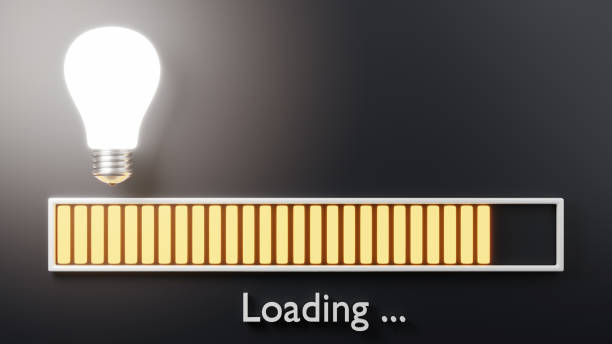 Loading bar progressing with bulb almost complete, Idea loading concept Loading bar progressing with bulb almost complete, Idea loading concept, lightbulb big idea innovation on dark background, 3D rendering illustration its almost time stock pictures, royalty-free photos & images