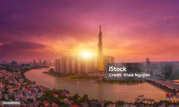 Aerial Sunset View At Landmark 81 Is A Super Tall Skyscraper In Center Ho Chi Minh City Vietnam Stock Photo - Download Image Now