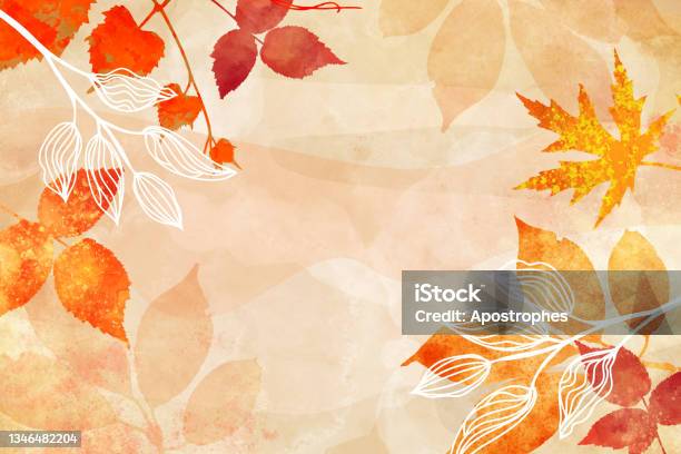 Autumn Background Watercolor Painting Maple Leaves In Red And Yellow Painted Fall Leaves And Floral Botanical Design Elements On Border Texture Wedding Invites Or Website Header Abstract Art Stock Photo - Download Image Now