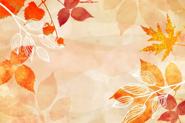 Autumn background watercolor painting, leaves in red yellow and white abstract minimal outline design, painted fall leaves and floral design elements on border texture. Wedding invites, thanksgiving background