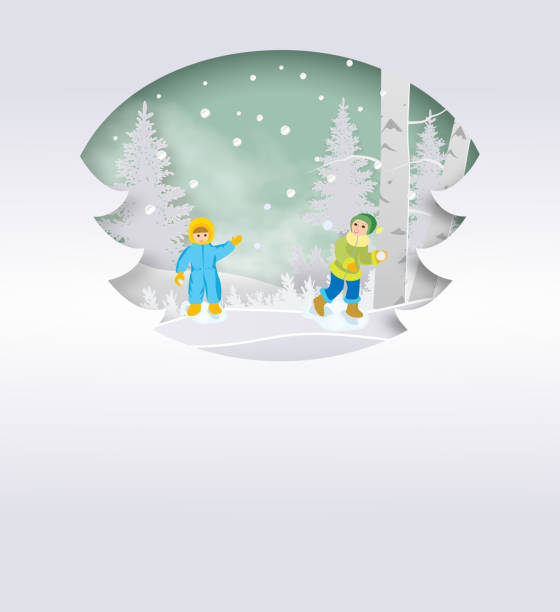幸せな家族は雪玉を投げる - 漫画の人々は白い背景にイラストのキャラクター。冬の活動、新年、クリスマスの概念。子供を持つ笑顔の母親と父親は屋外で遊ぶ - winter focus on foreground backgrounds white点のイラスト素材／クリップアート素材／マンガ素材／アイコン素材
