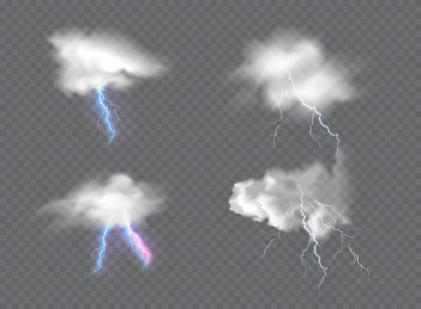 ilustrações de stock, clip art, desenhos animados e ícones de vector realistic dark stormy sky with clouds, heavy rain and lightning strikes. - clear sky flash