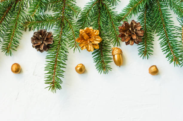 istock decorative Christmas background with green spruce branches, golden cones, nuts and acorns. a copy of the space. 1346483485