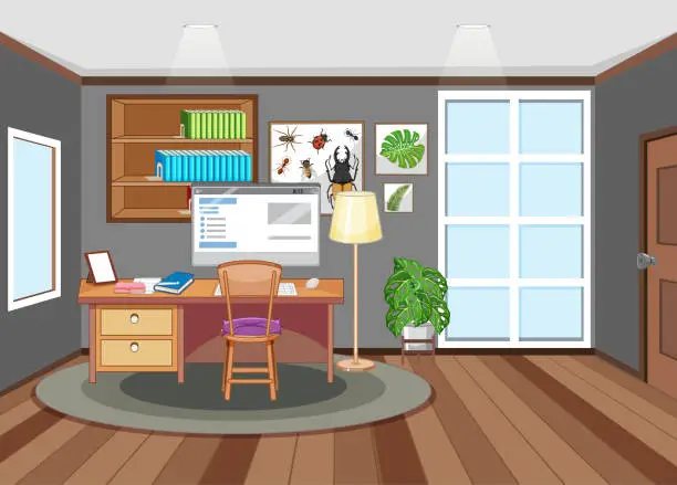 Vector illustration of Workroom scene with computer on the table
