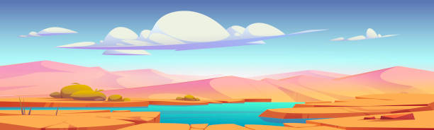 Desert landscape with oasis and sand dunes Desert landscape with oasis and sand dunes. Vector cartoon illustration of hot tropical desert with lake or river, dry cracked ground and green bushes. Pond with blue water in Sahara river safari stock illustrations